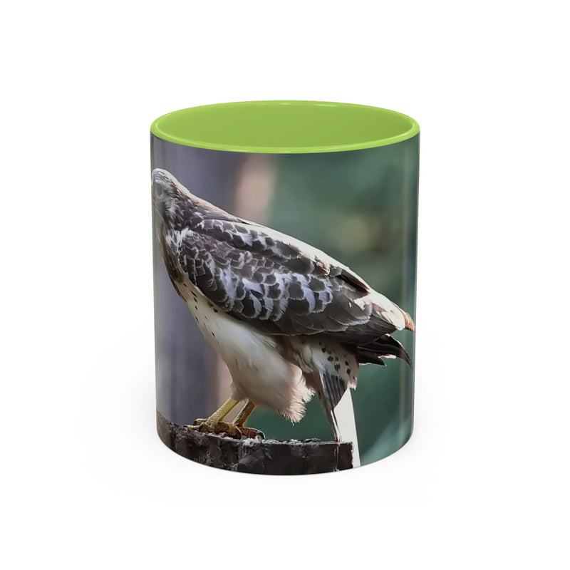 Keramik Mäusebussard Becher 325ml mit hellgrünem Henkel und Innenseite.