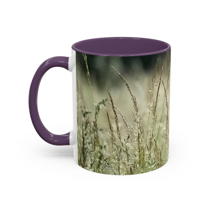 Botanical 11oz Mug, Flowering Grass - Bring Nature Inside with a purple handle and purple inside on a desk.