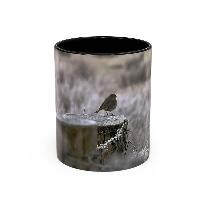 11oz mug featuring a robin nature print with a Black handle and interior.