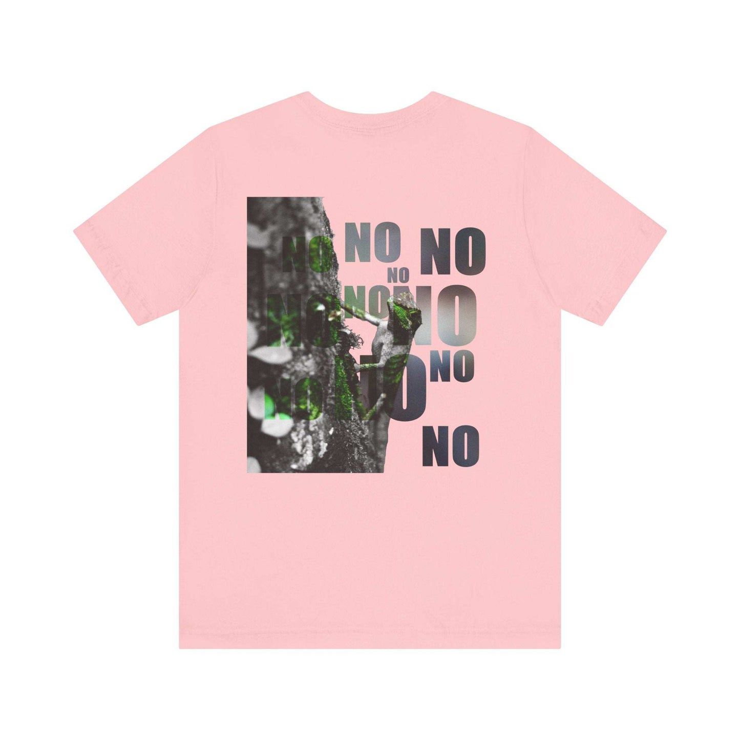 Unisex Tee with "Yes and No" graphic and earthy nature print on a pink background.
