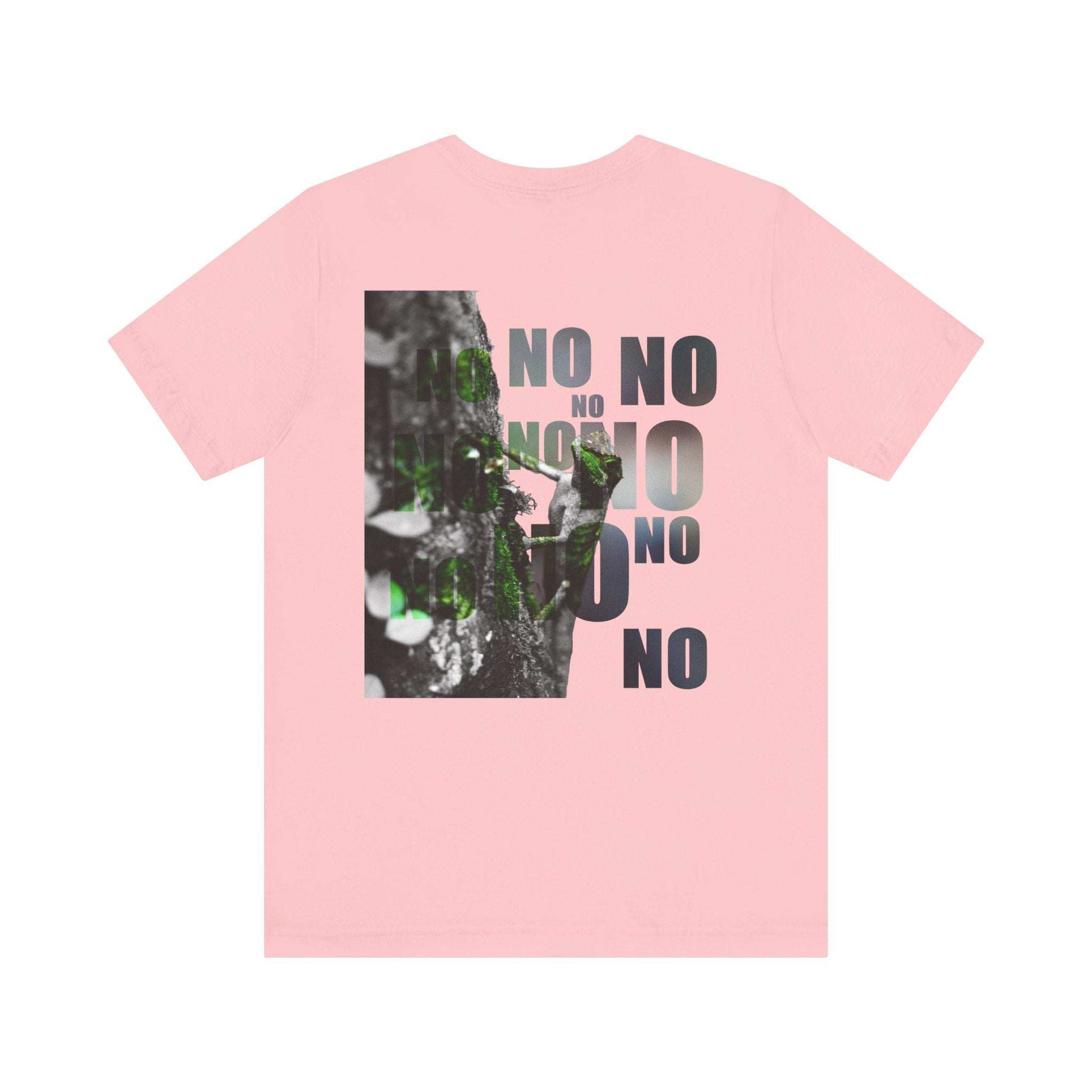 Unisex Tee with "Yes and No" graphic and earthy nature print on a pink background.