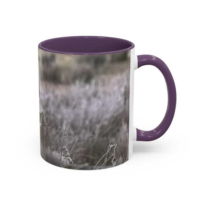 Robin nature print on an 11oz mug with a Purple handle and interior.