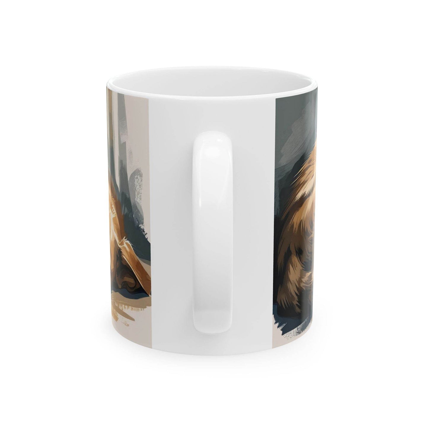 Heartwarming 11oz Mug - Cozy Companions Mug standing beautifully next to fresh green botanical plants.