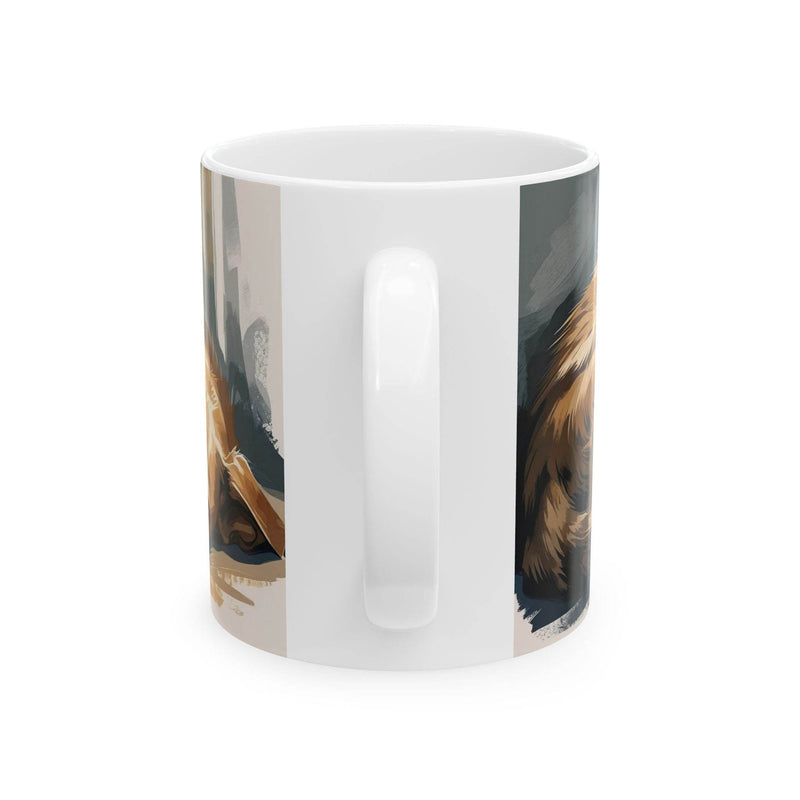 Heartwarming 11oz Mug - Cozy Companions Mug standing beautifully next to fresh green botanical plants.