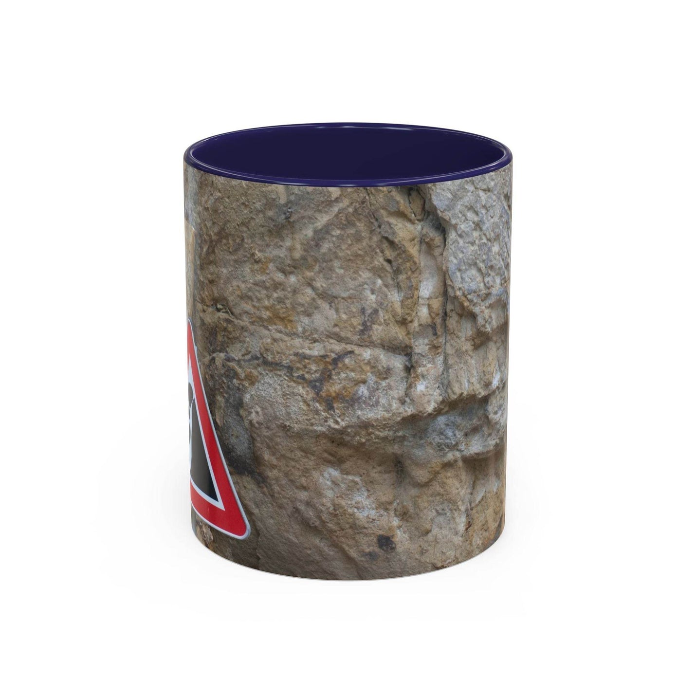 Rugged 11oz Rocky Mug, Mountain Lovers, Danger of Falling Rocks showing the navy handle and navy inside near decor.