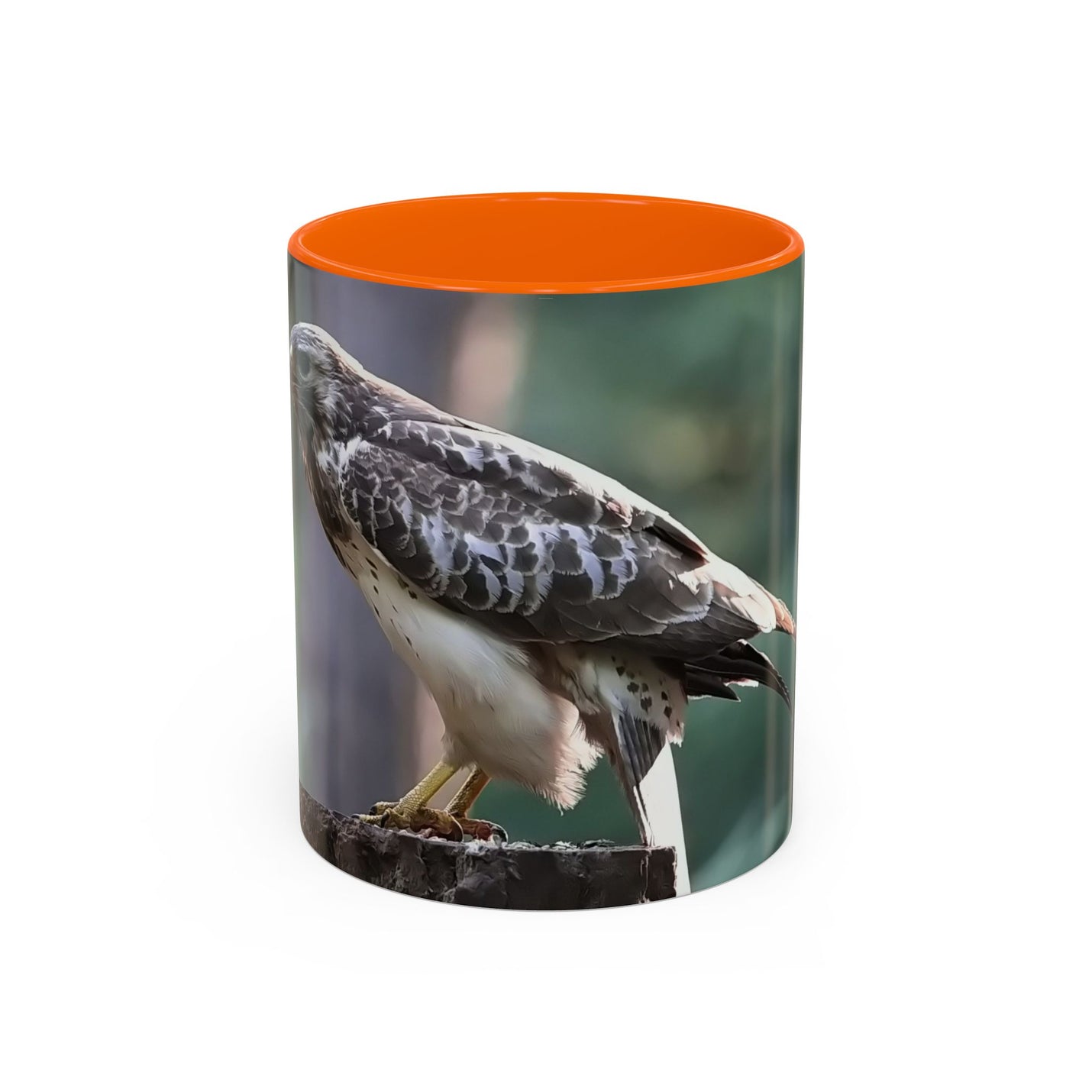 Keramik Mäusebussard Becher 325ml mit orangem Henkel und Innenseite.