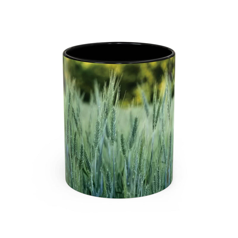 Schöner 325ml Natur-Becher mit Weizenfeld-Druck, gestaltet mit einem eleganten schwarzen Henkel und schwarzer Innenseite.