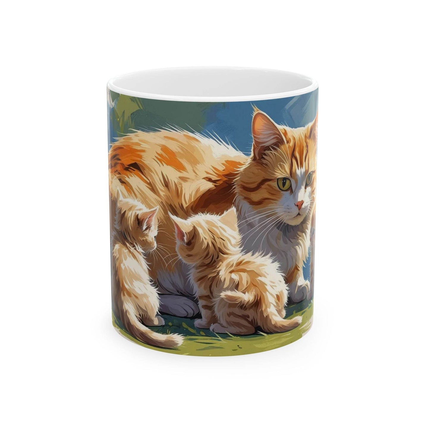 Premium 11oz Colorful Cat with Cute Little Kittens Coffee Mug next to green botanical house plants in a sunlit room.