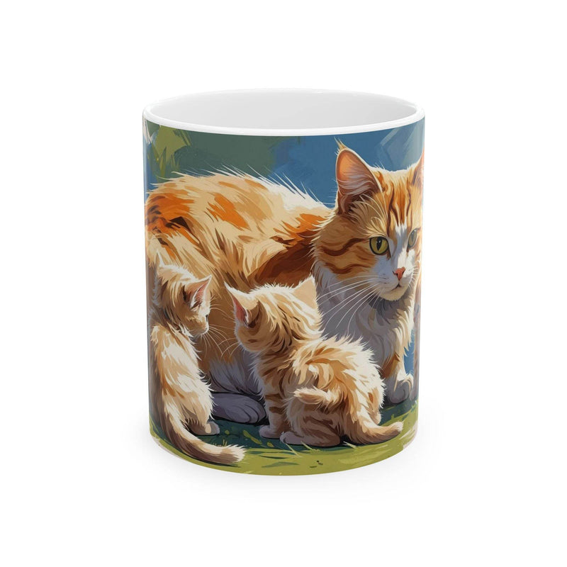 Premium 11oz Colorful Cat with Cute Little Kittens Coffee Mug next to green botanical house plants in a sunlit room.