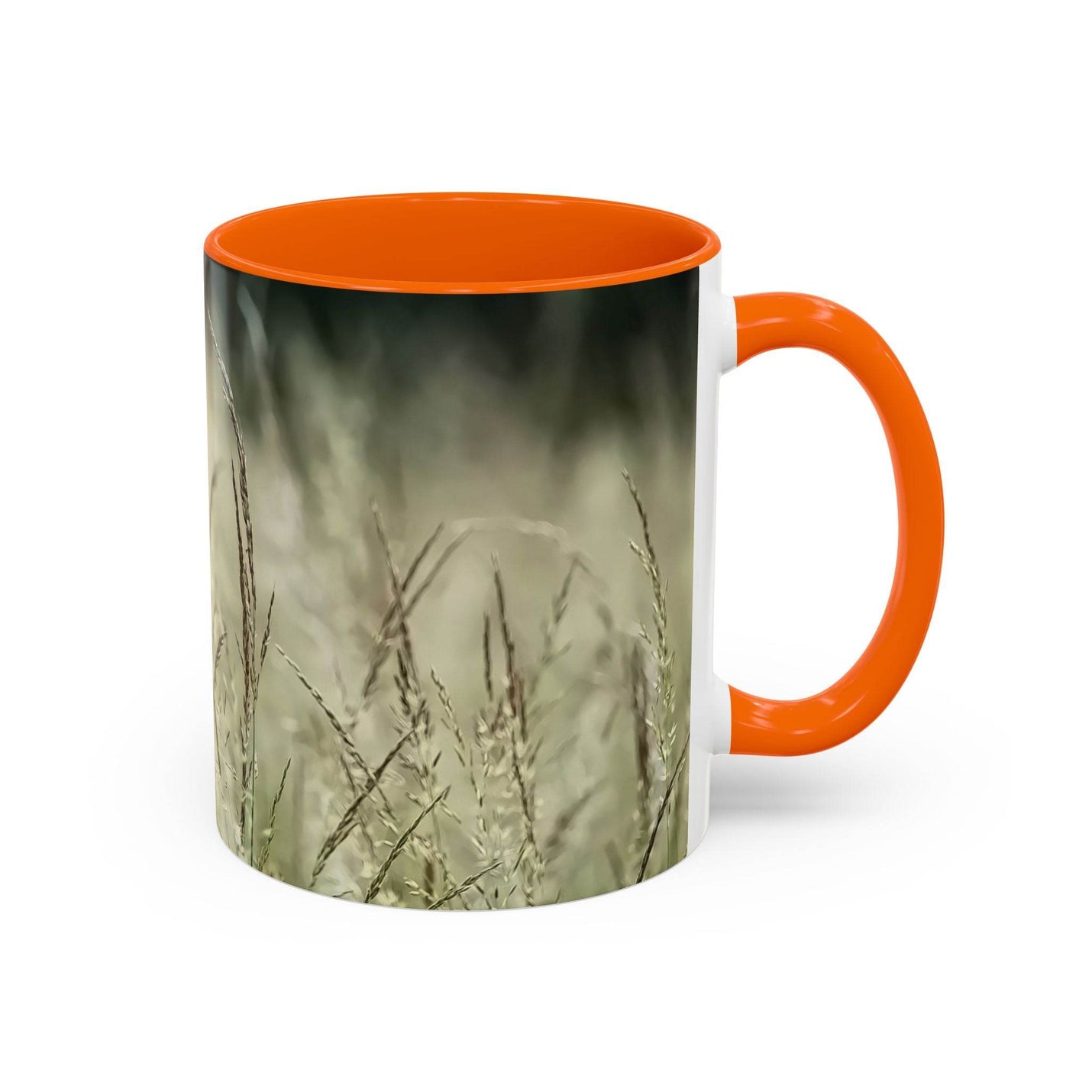 Ruhiger 325ml Keramik-Becher mit blühendem Gras, ideales Geschenk mit einem fröhlichen orangen Henkel und oranger Innenseite.