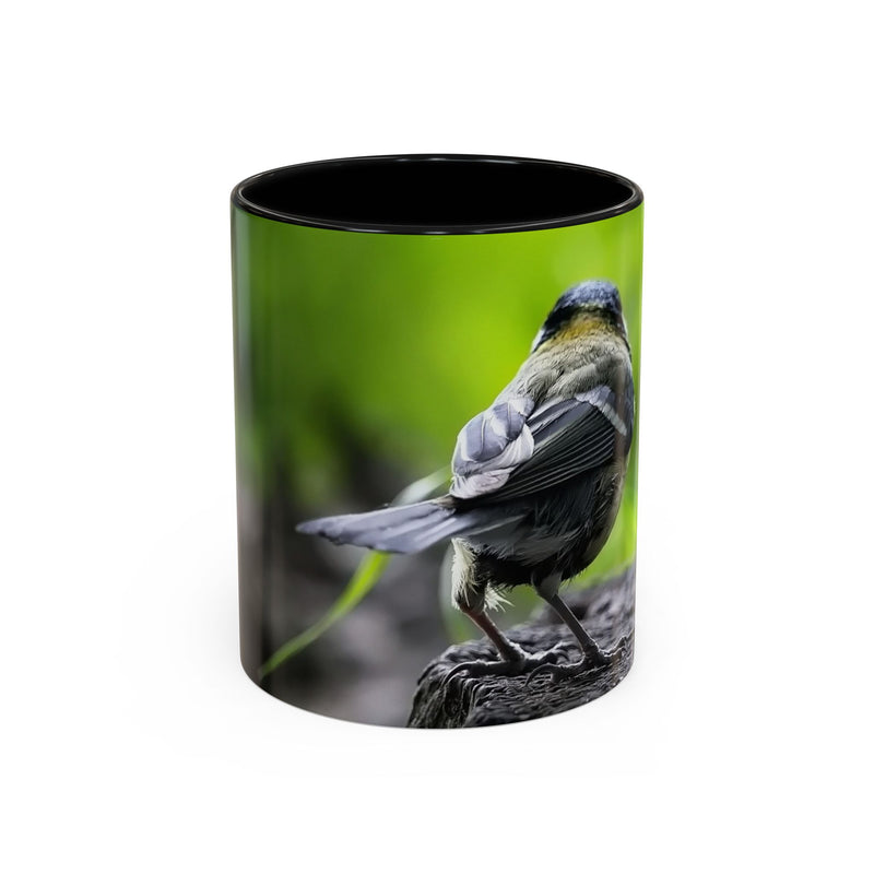 Ceramic 325ml bird photography accent coffee mug with a black handle and black inside.