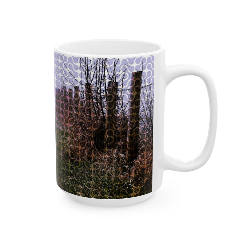 Charming 15oz misty forest landscape mug crafted with an ORCA-coated vivid finish and a comfortable C-shaped handle for slow sips.
