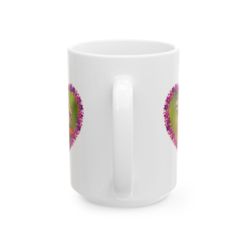 Elegant 15oz Heart Flower Frame Butterfly Ceramic Mug on a cozy tray ready for a long breakfast ritual.