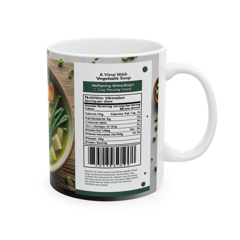Premium 11oz colorful food themed Mug Chinese Vegetable Soup Design filled with a warm brew on a table.