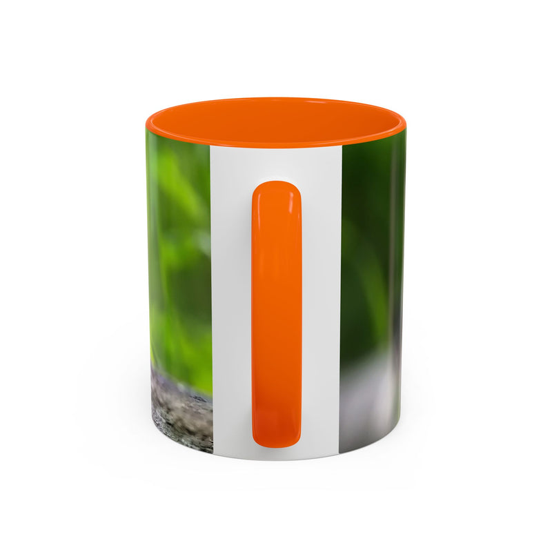 Cozy 325ml coal tit photography mug designed with an orange handle and orange inside.