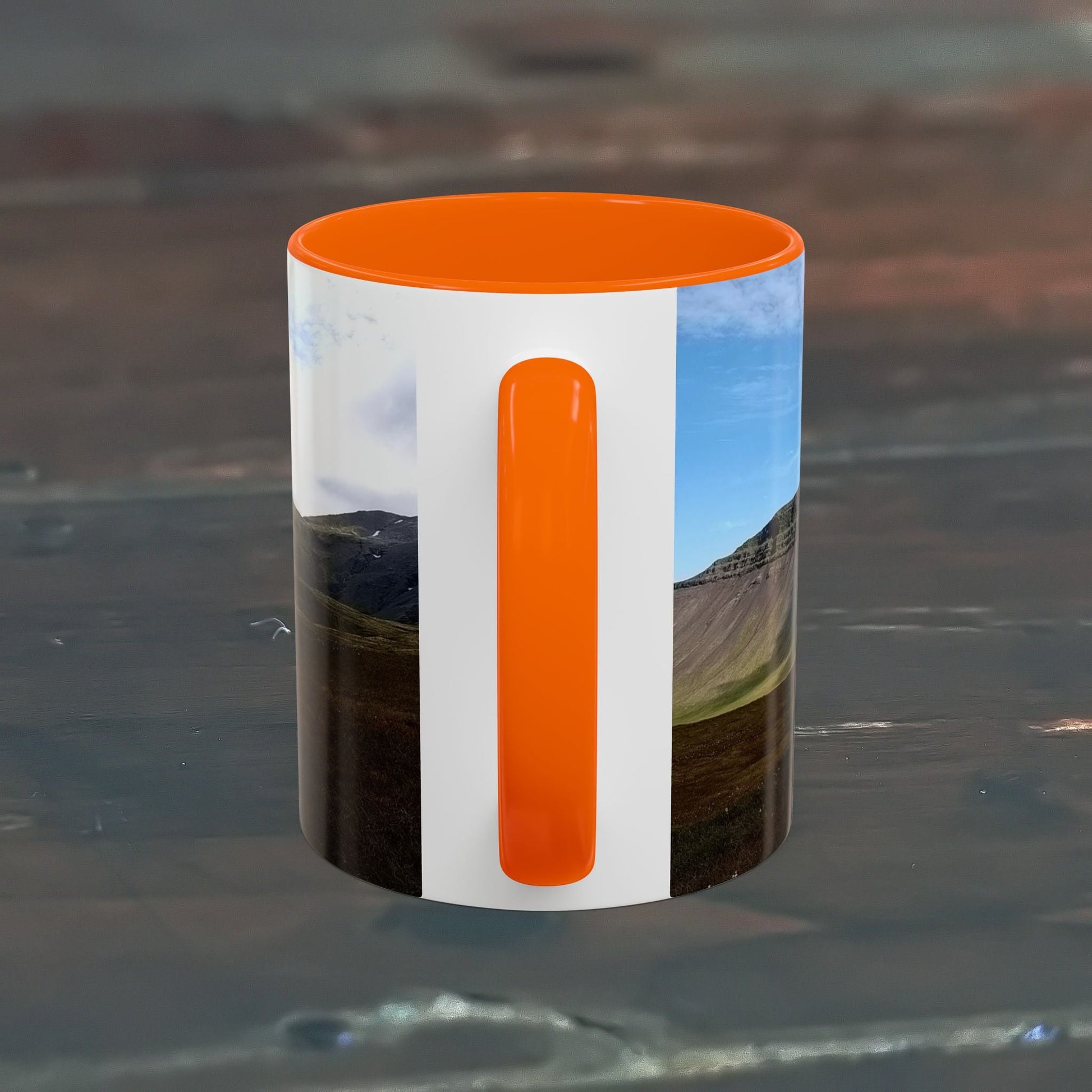11oz coffee mug featuring Iceland scenery with orange interior and handle.