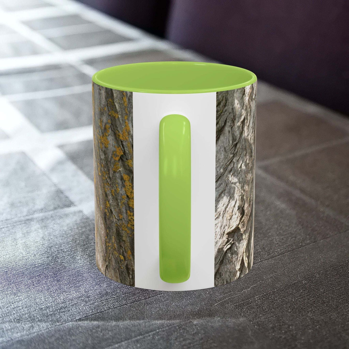 Tree trunk design coffee mug with rustic vibe on table.