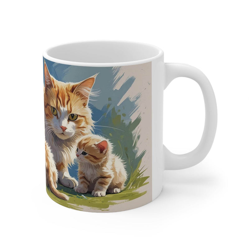 Bunte Katze mit süßen kleinen Kätzchen Kaffeetasse in 325ml Größe mit einem herzerwärmenden Tiermotiv für den Alltag.