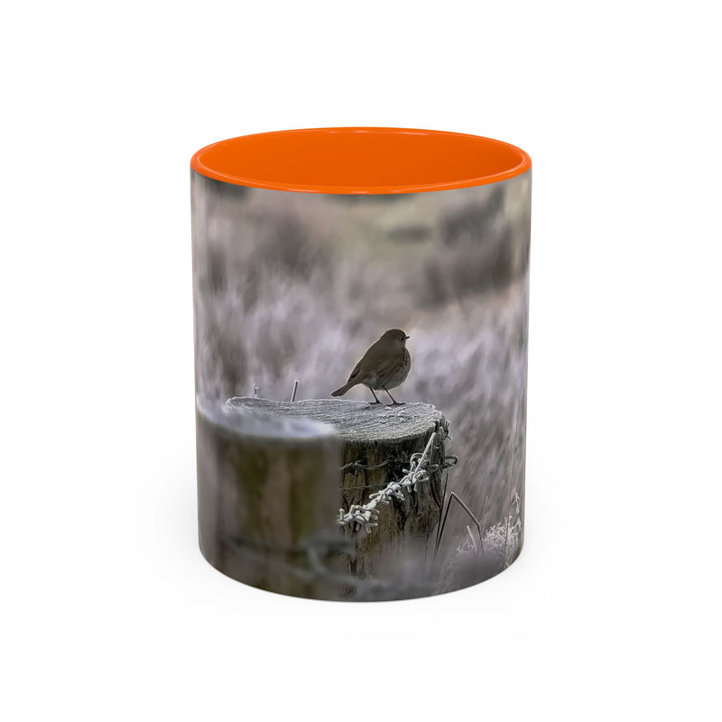 11oz mug featuring a robin nature print with an Orange handle and interior.