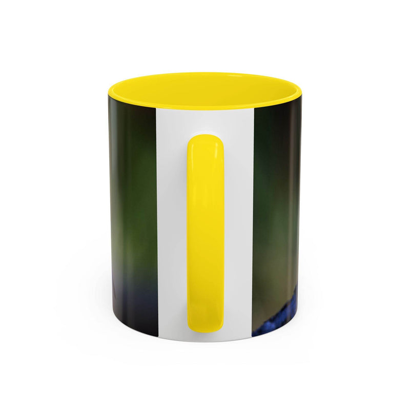 Ceramic robin bird mug 325ml featuring a yellow handle.