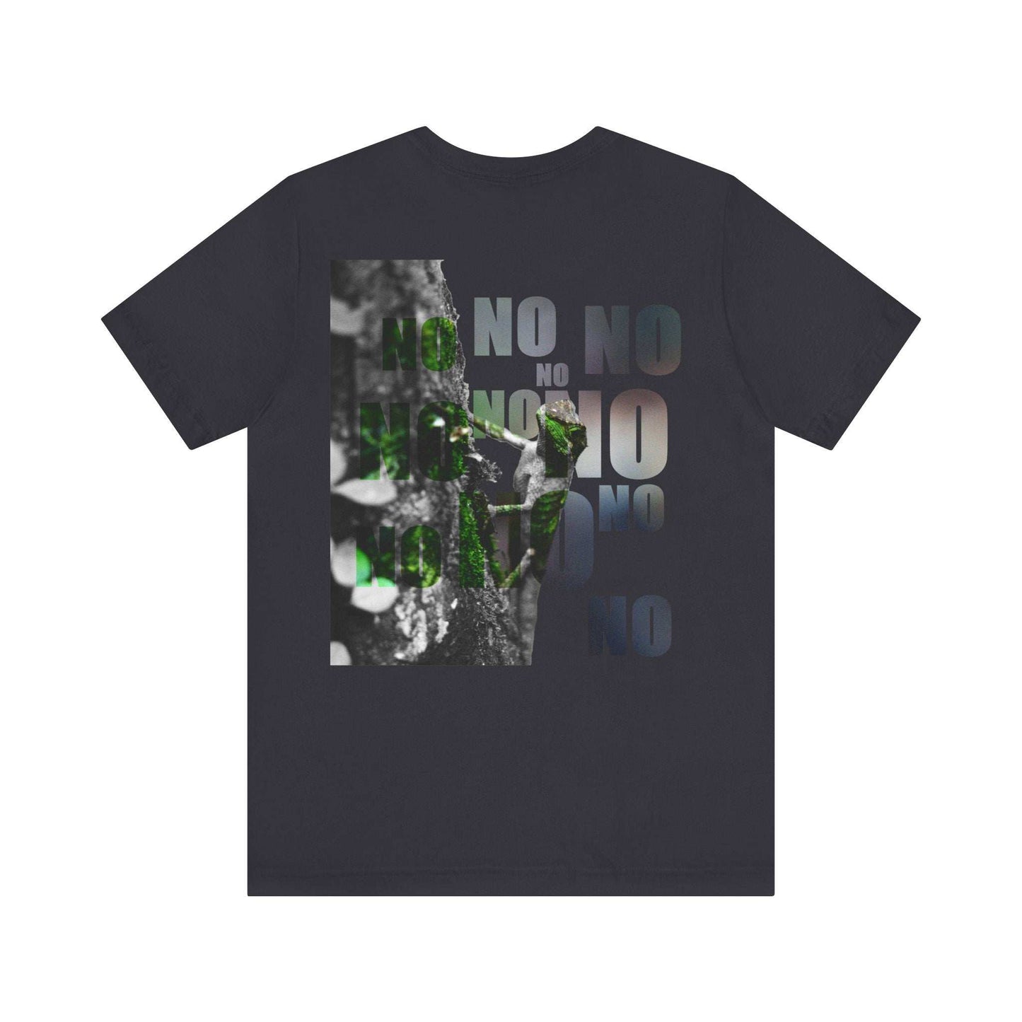 Diploderma Nature Print Unisex Tee with bold nature-inspired graphics and "No" text on a black background.