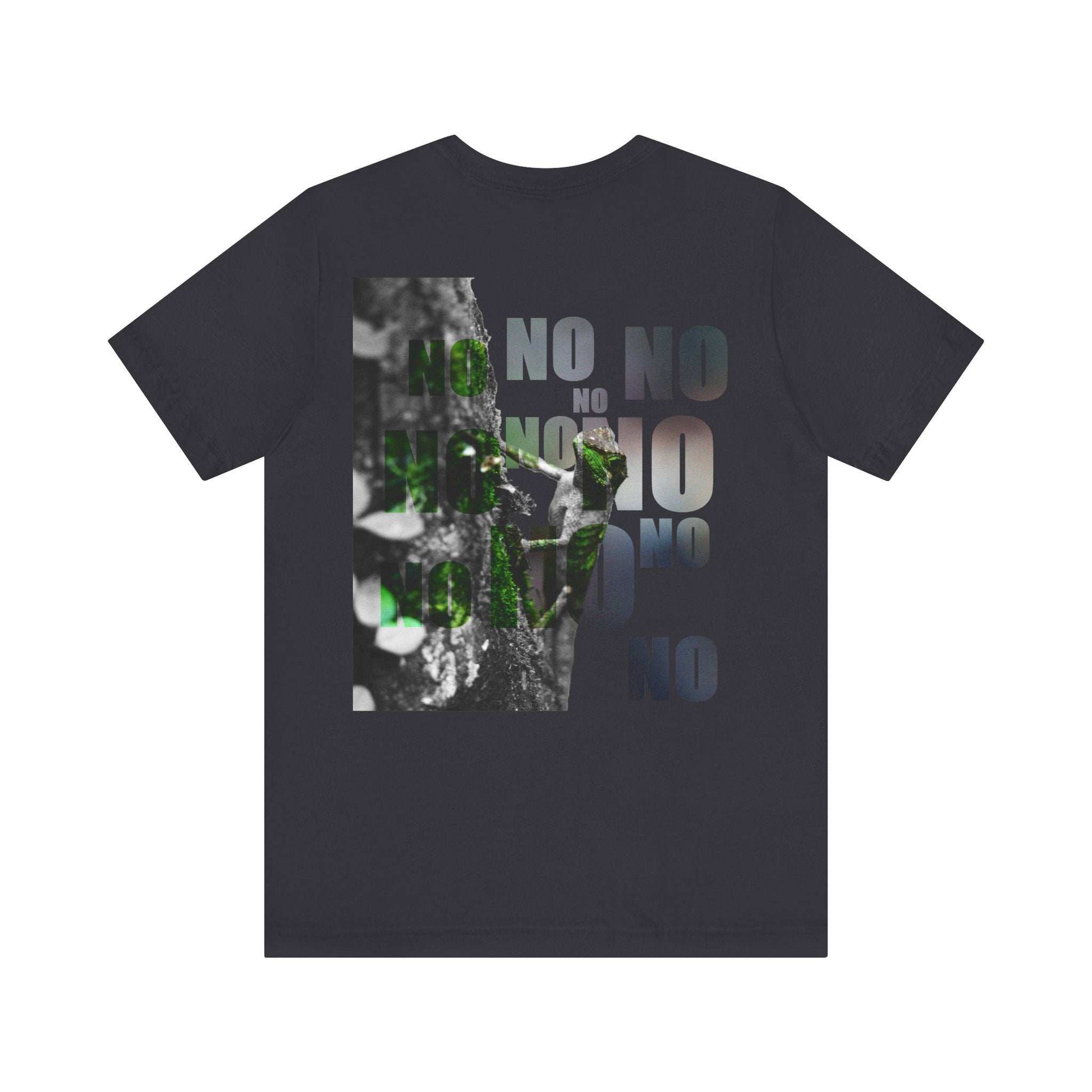 Diploderma Nature Print Unisex Tee with bold nature-inspired graphics and "No" text on a black background.