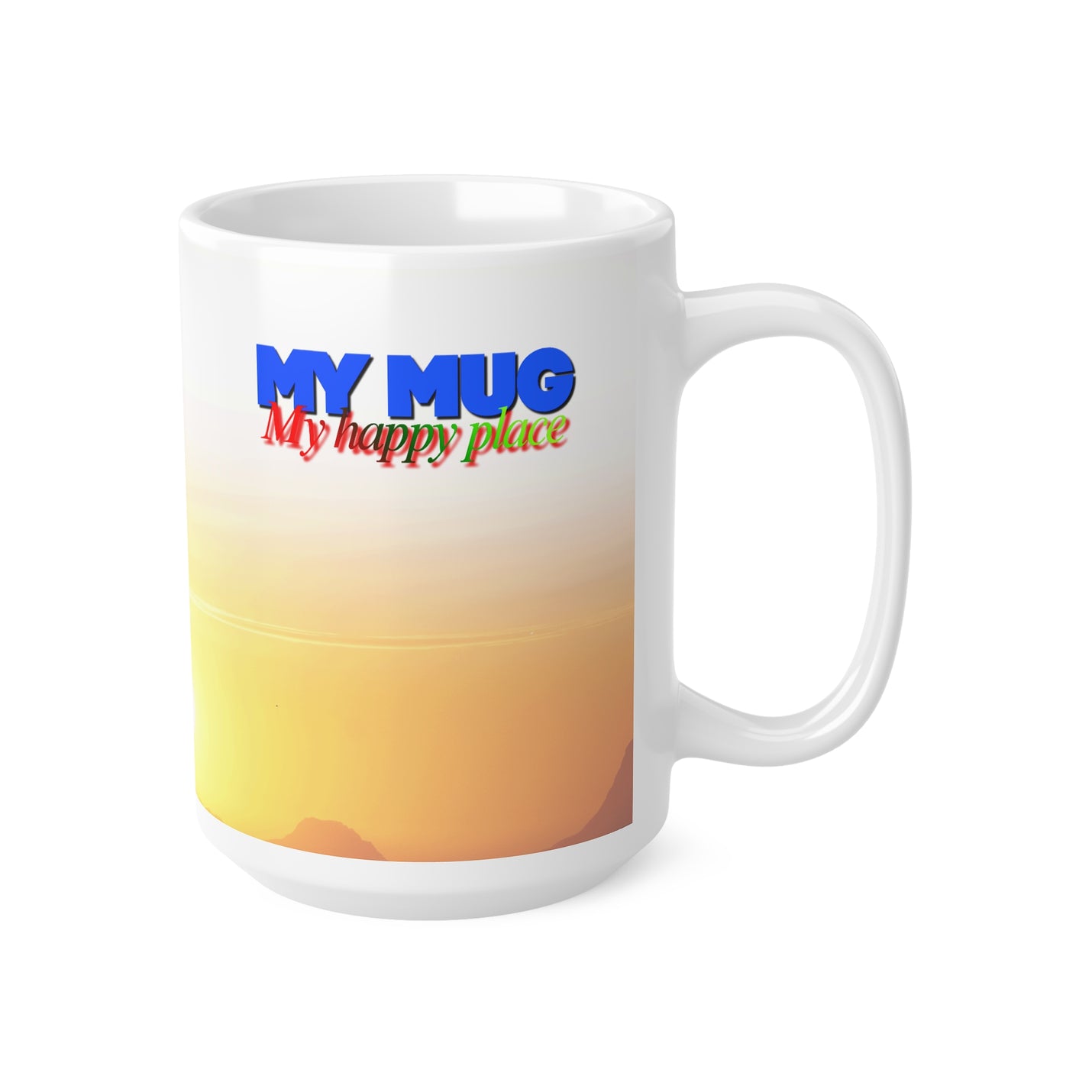 Gemütlicher 440ml Keramik-Becher mit My Happy Place Design und einem sonnigen goldenen Horizont für den Alltag.