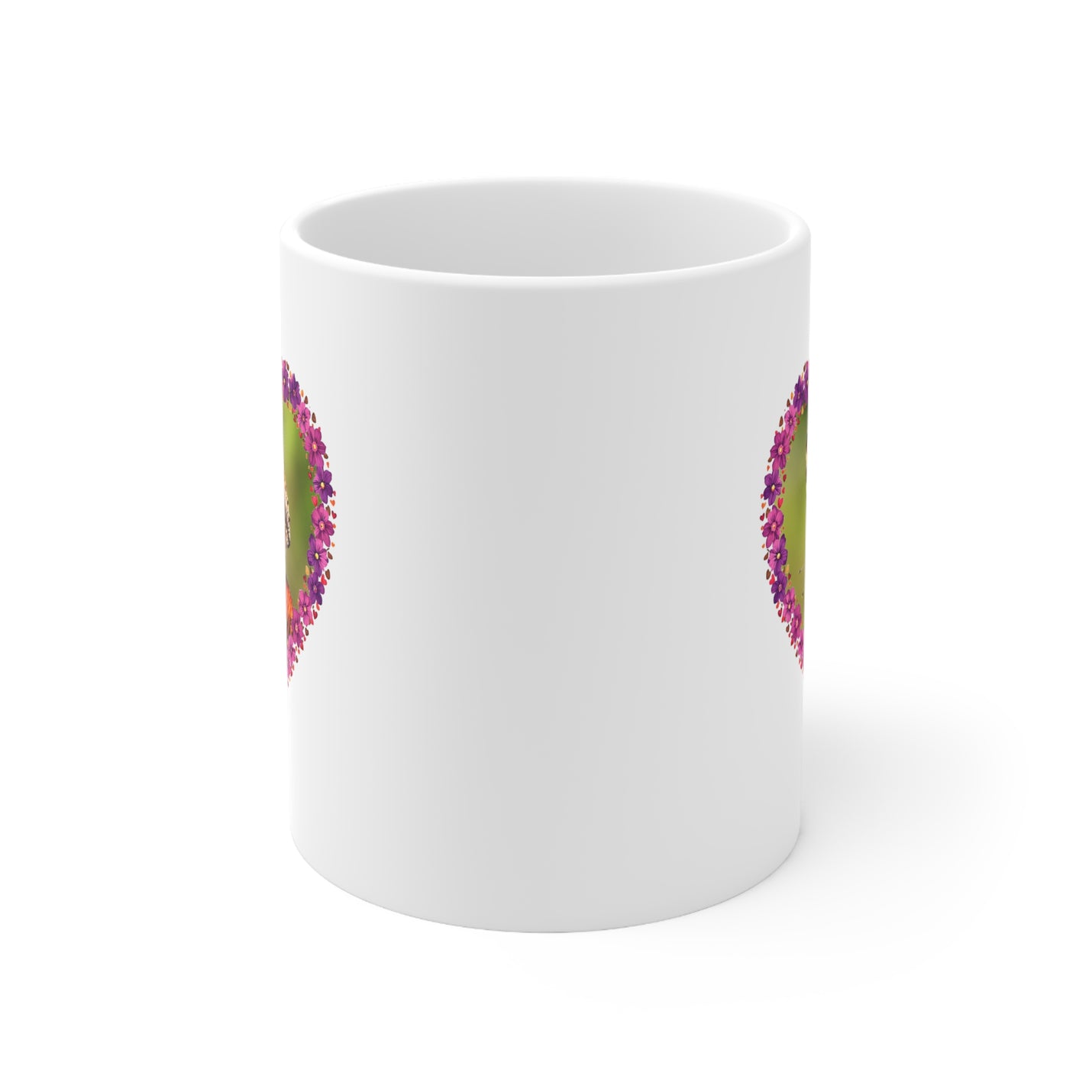 Charming 325ml white ceramic mug with a sturdy C-shaped handle, printed with a vivid floral nature butterfly frame scene.