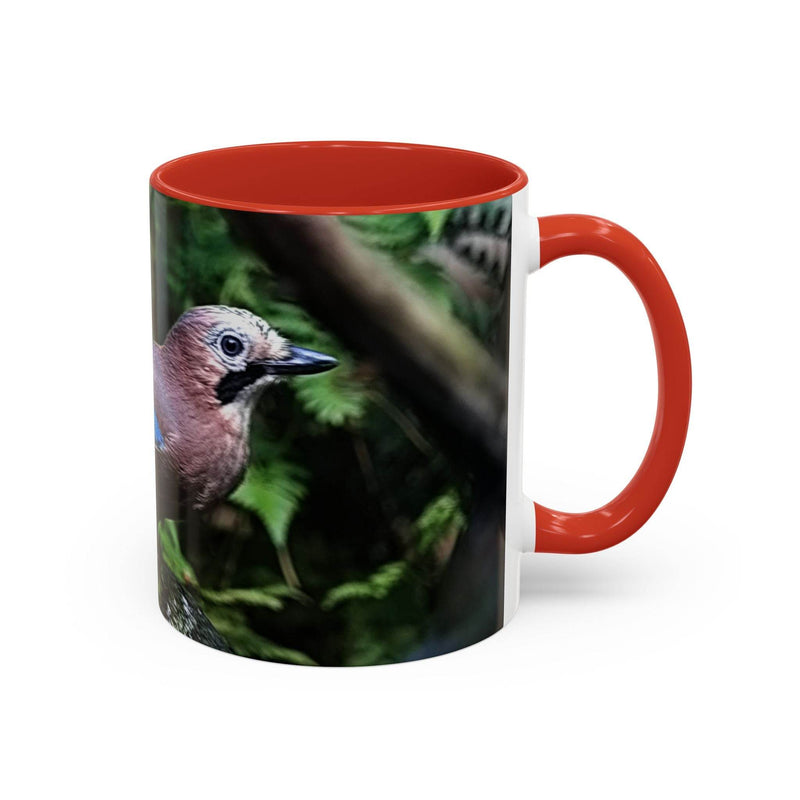 Vibrant jay bird coffee mug 11oz featuring a red interior and handle.
