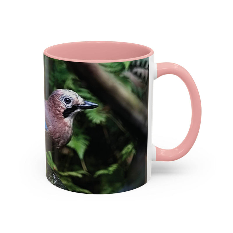 Eichelhäher Kaffeebecher 325ml, innen und am Henkel rosa gestaltet.