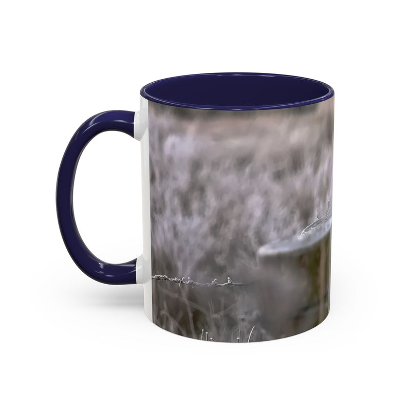 Rustic 11oz robin mug with a Navy handle and interior nature photography.