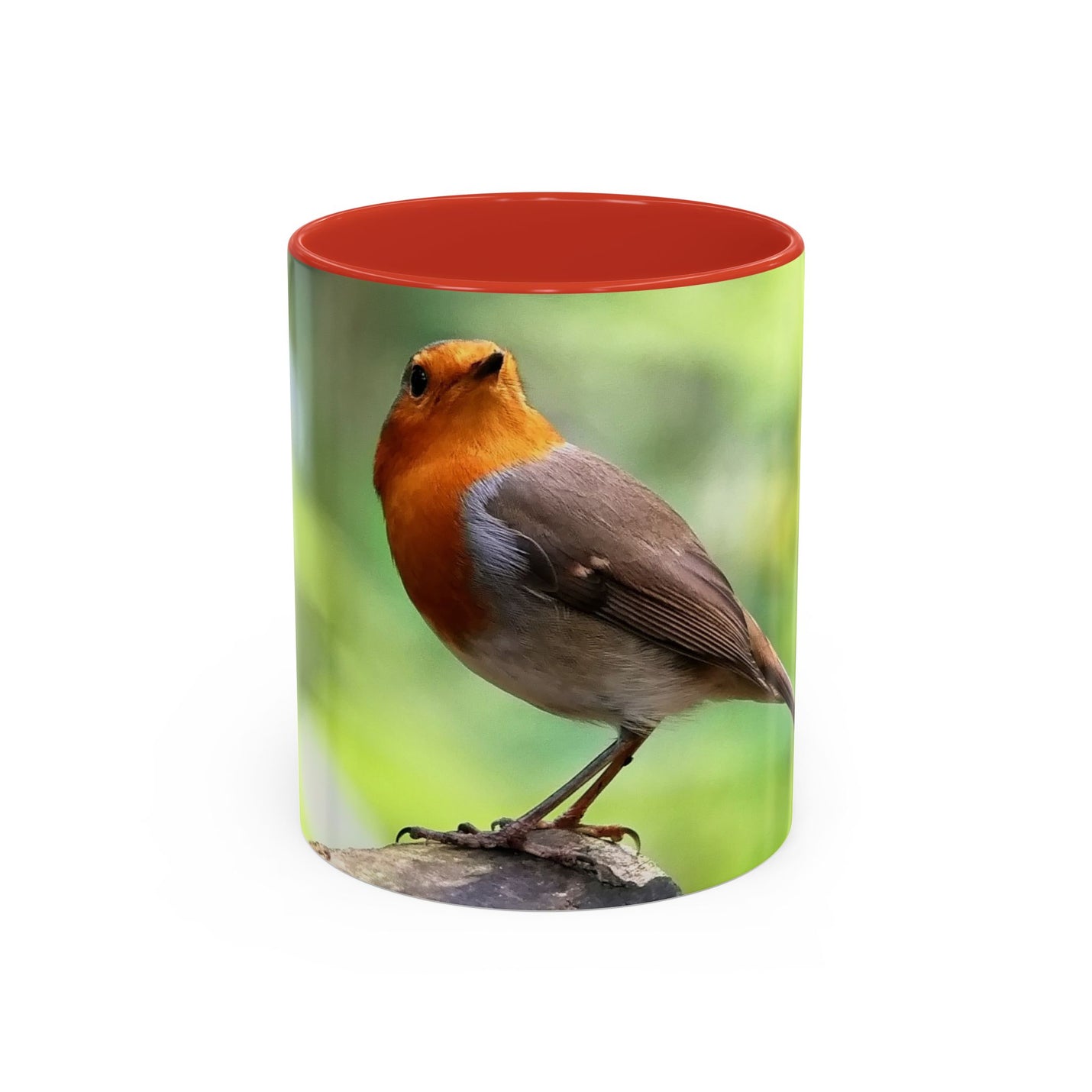 Stately Robin Ceramic Mug 325ml with Red handle and interior — striking robin photo with red accents.