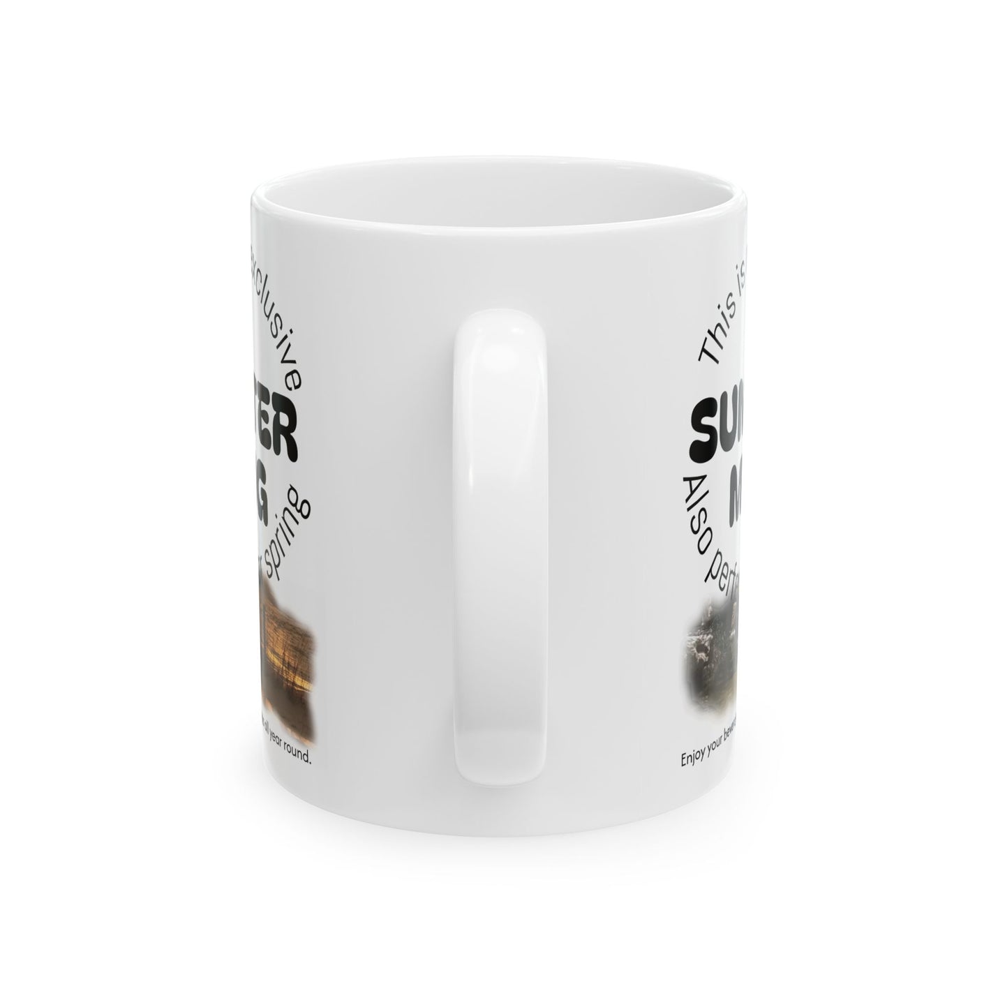 Charming 11oz white Summer | Winter Mug, Ceramic Coffee Mug filled with hot beverage on a wooden dining table.