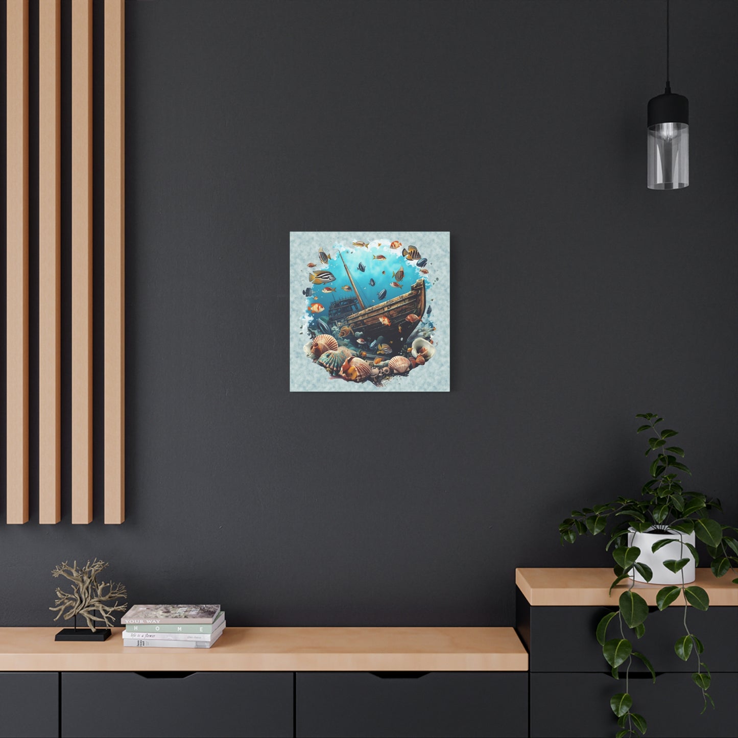 Sunken Ship Ocean Canvas Wall Art — Underwater Fish & Seashell Print
