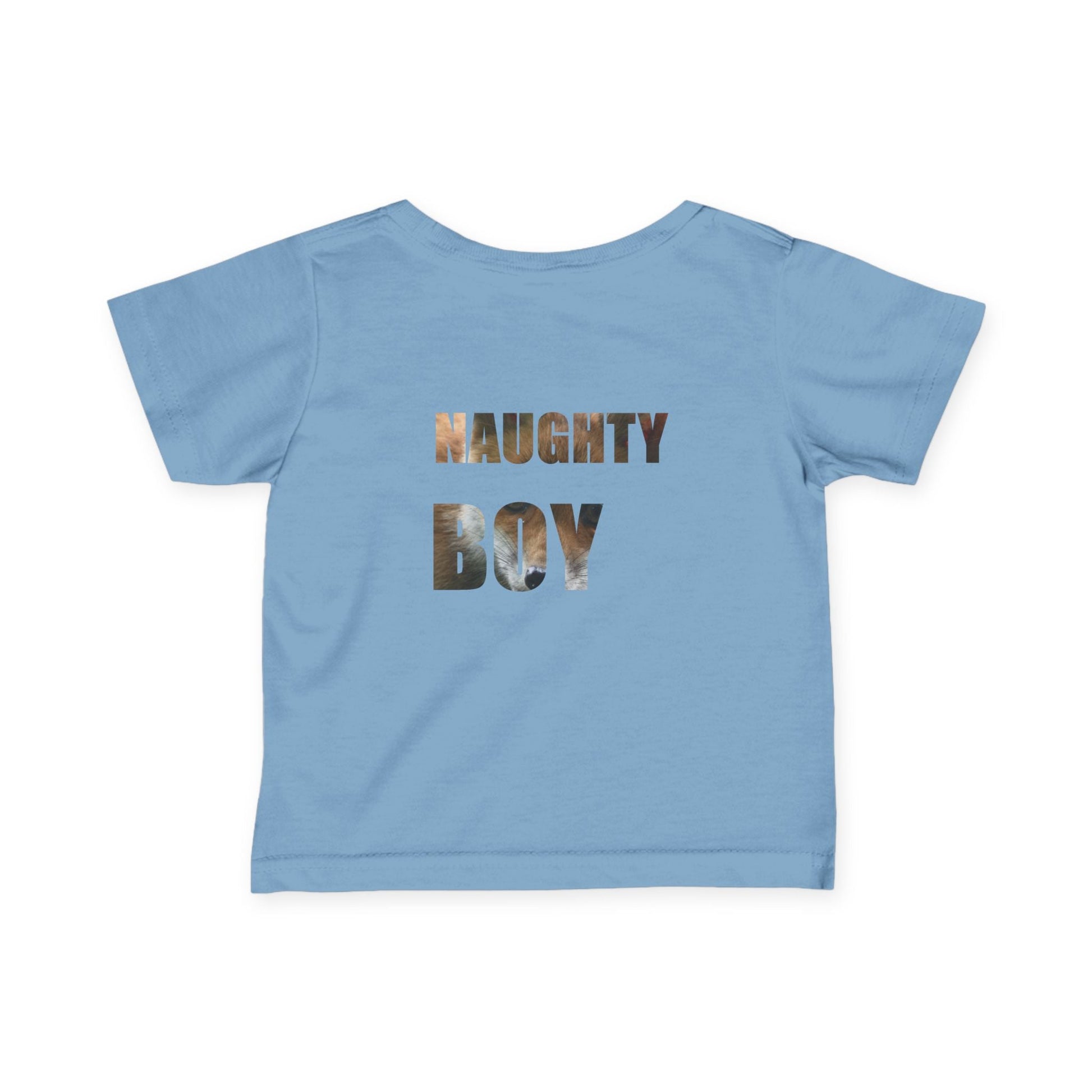 Blue infant tee with "Naughty Boy" text, made from soft cotton, perfect for baby comfort and style.
