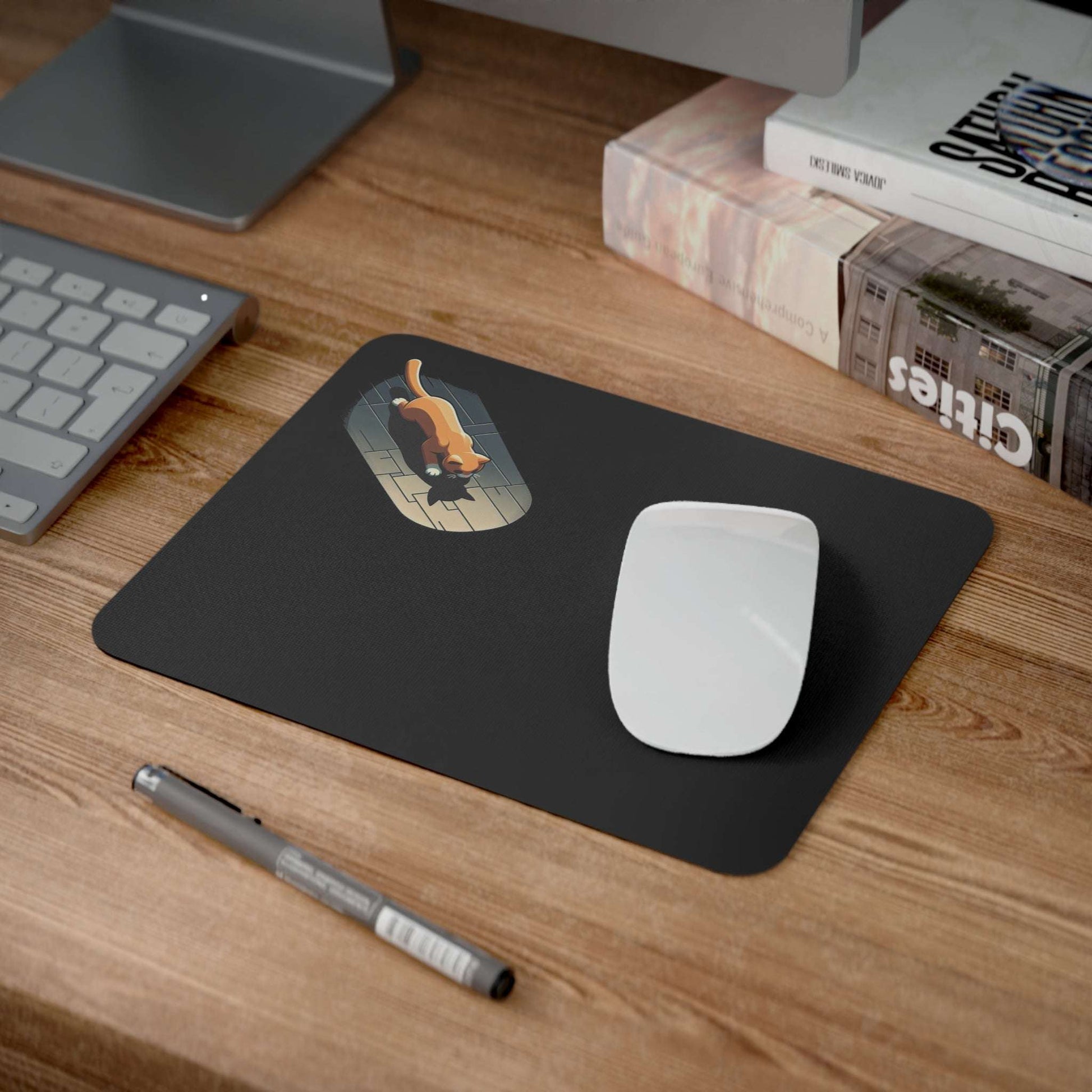 Cat Mouse Pad with playful cat design on a desk, ideal for kitty lovers and gaming, featuring high-quality materials and non-slip rubber base for precision and comfort.