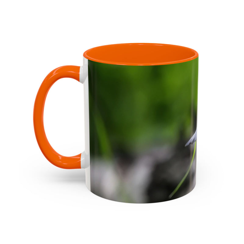 325ml nature-inspired bird photography coffee mug with an orange handle and orange inside.