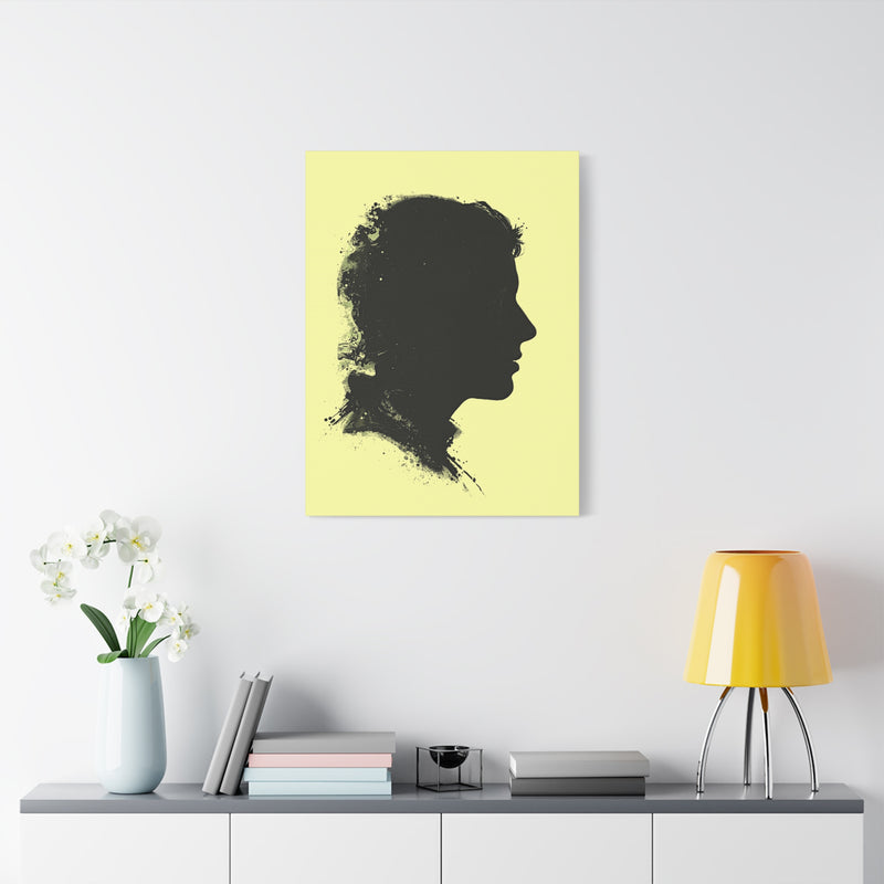 Silhouette Portrait Canvas Print — Vintage Black Profile on Soft Yellow Matte