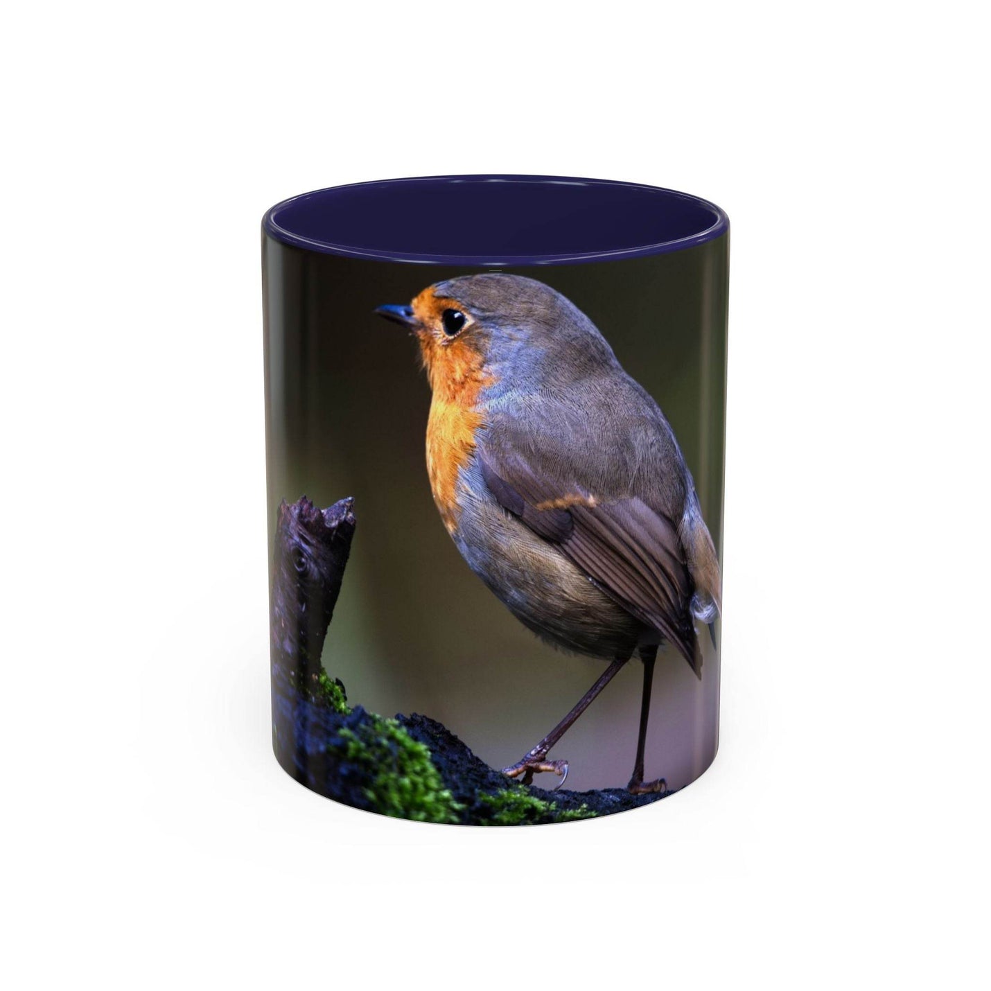11oz robin coffee mug with a navy handle and navy inside, a beautiful nature gift for bird lovers.