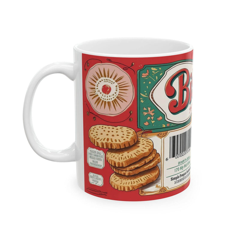 Vibrant 11oz ceramic Mug - Biscuits Coffee Mug with a playful biscuit pattern on a modern wooden kitchen counter.