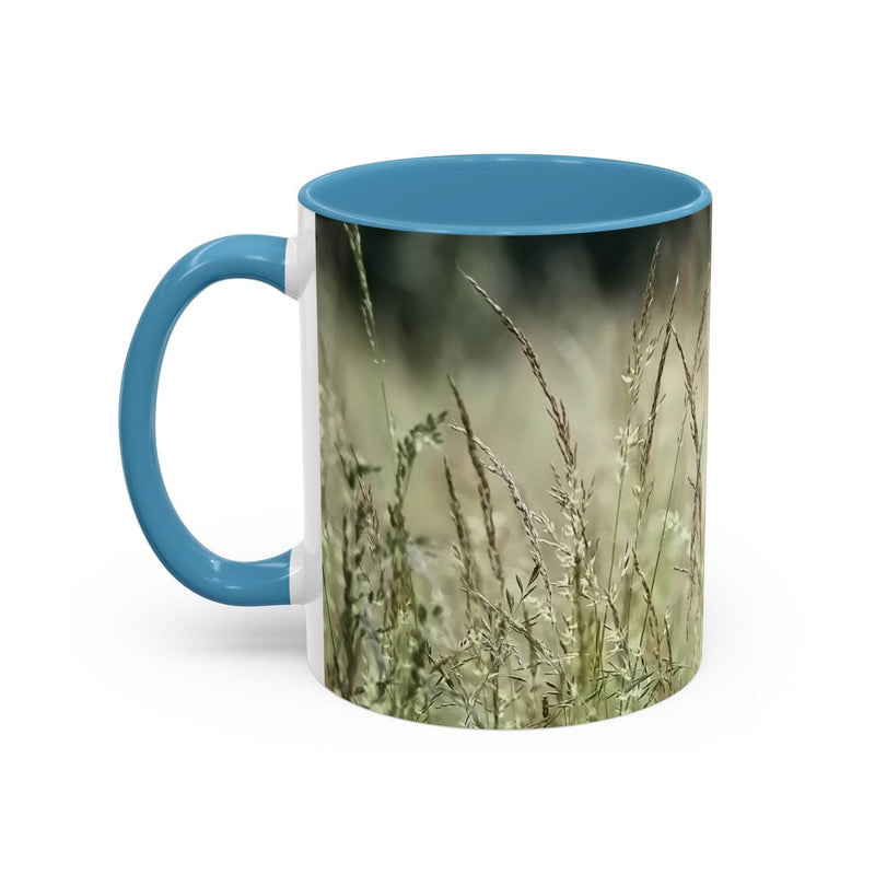 Botanical 11oz Mug, Flowering Grass - Bring Nature Inside with a light blue handle and light blue inside on a counter.