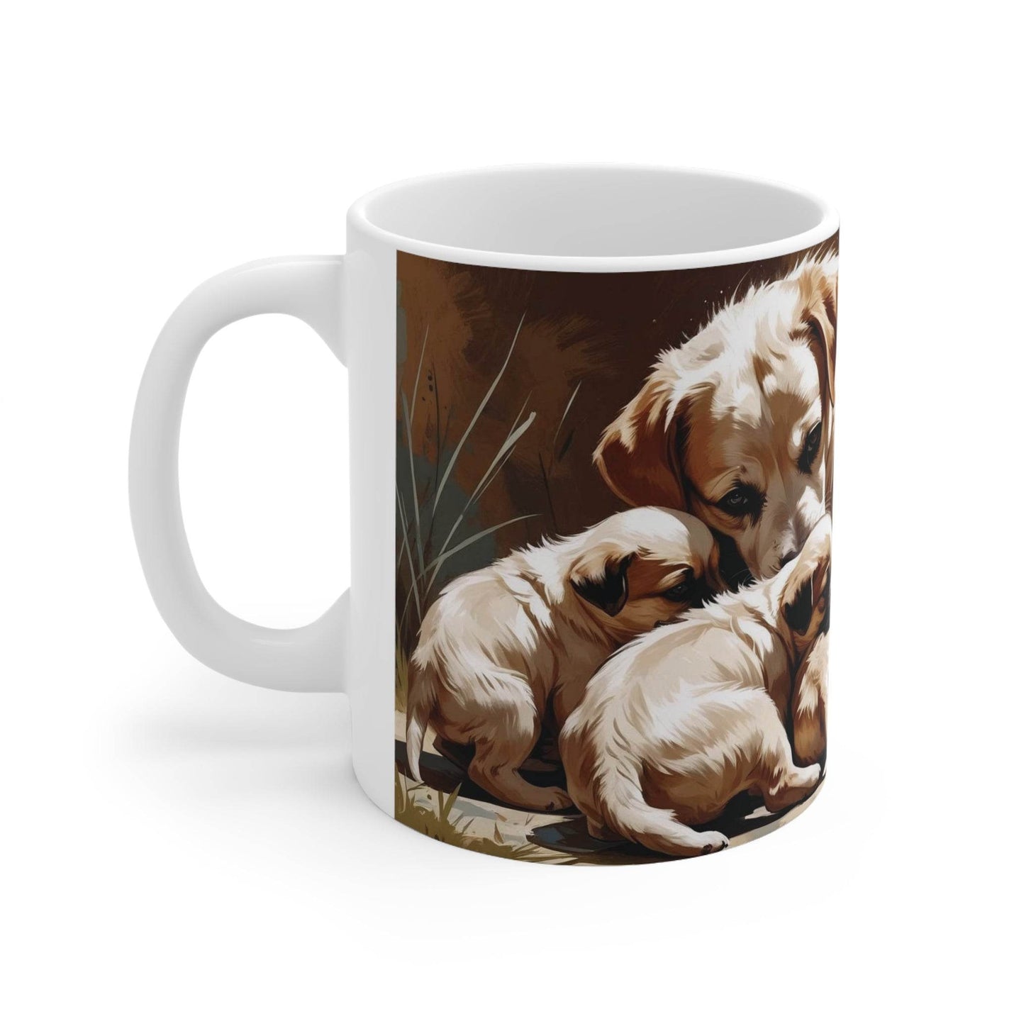 Charmanter 325ml Keramik-Becher mit einer Hündin und 5 süßen Welpen, ein perfektes Geschenk für leidenschaftliche Hundefans.