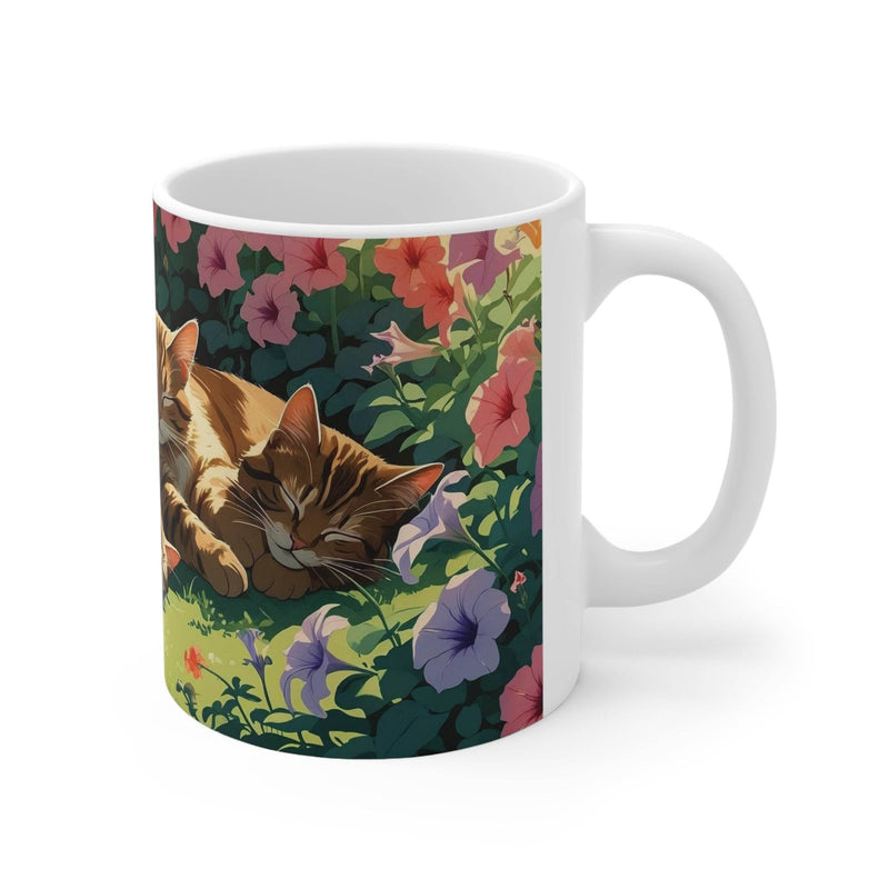 325ml Kaffeebecher mit einem niedlichen schlafende Katzen im Garten Design, ein schönes Geschenk für Katzenfans.