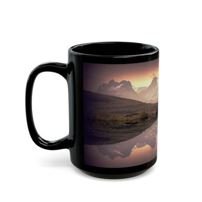 Premium 15oz Mountain Reflection Black Mug — Scenic Sunset Lake Coffee Mug held near a window during evening unwind.