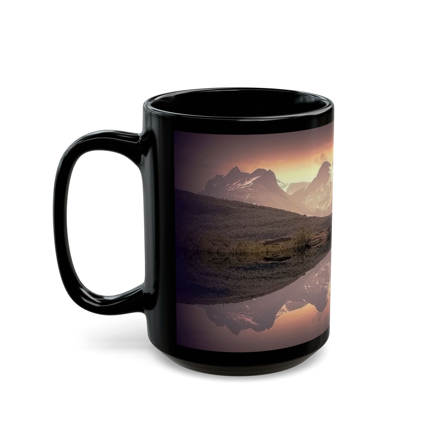 Mountain Reflection Black Mug — Scenic Sunset Lake Coffee Mug