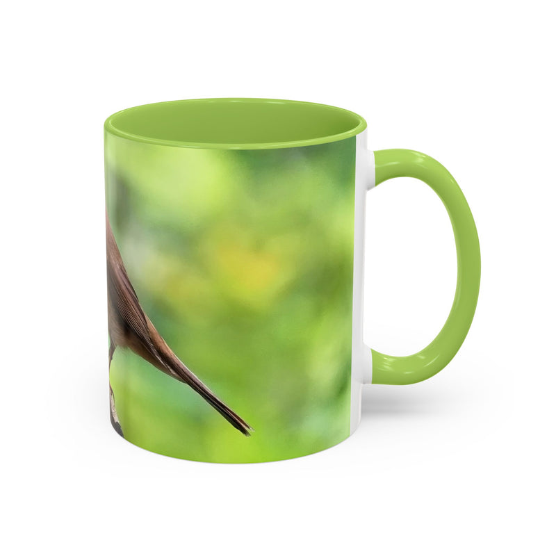 Stately Robin Ceramic Mug 325ml with Light Green handle and interior — nature bird art with green accents.