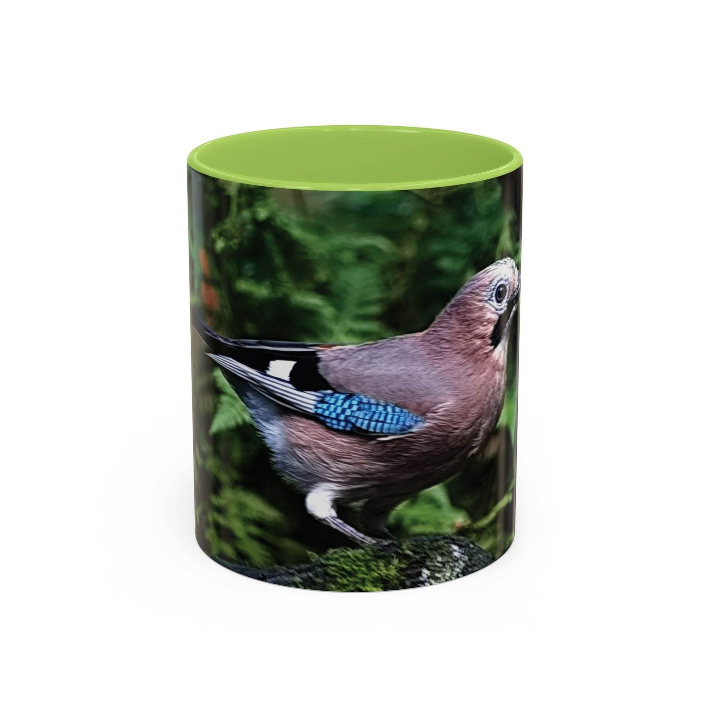 325ml bunter Eichelhäher Becher mit hellgrünem Henkel und Innenseite.