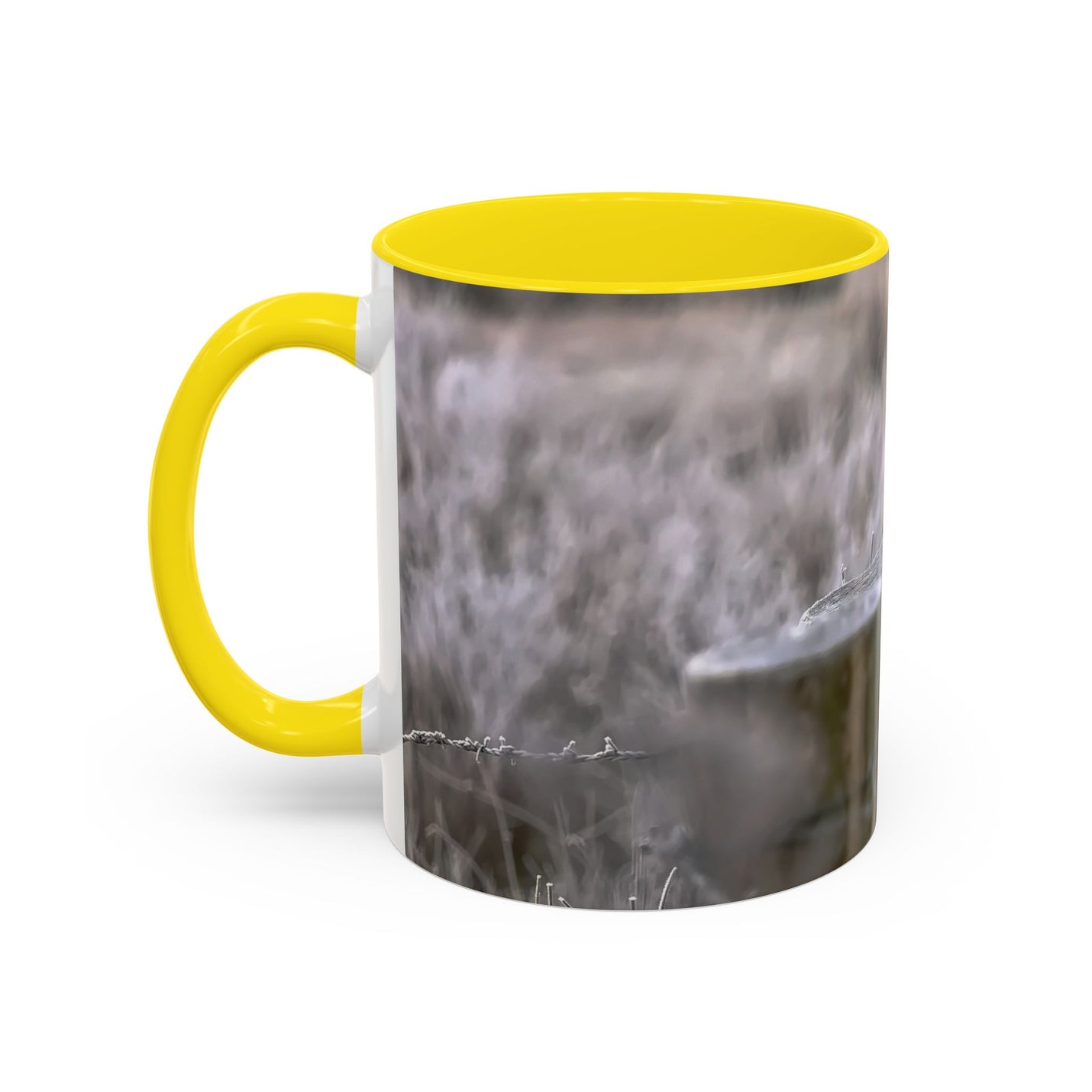 Rustic 11oz robin mug with a Yellow handle and interior nature photography.