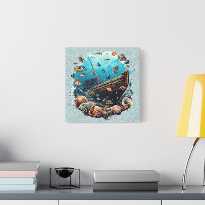 Sunken Ship Ocean Canvas Wall Art — Underwater Fish & Seashell Print