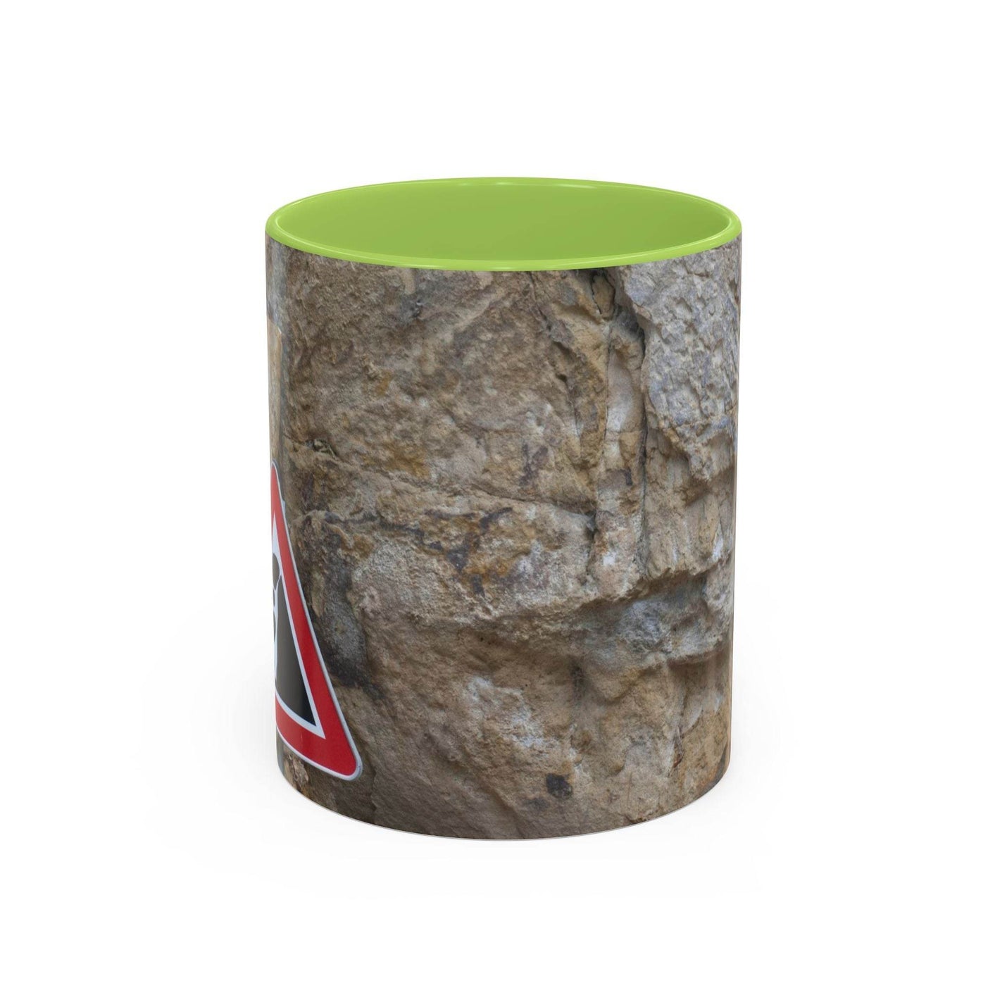 Robuster 325ml felsiger Keramik-Becher mit Achtung Steinschlag Schild, gestaltet mit hellgrünen Henkel und hellgrüner Innenseite.
